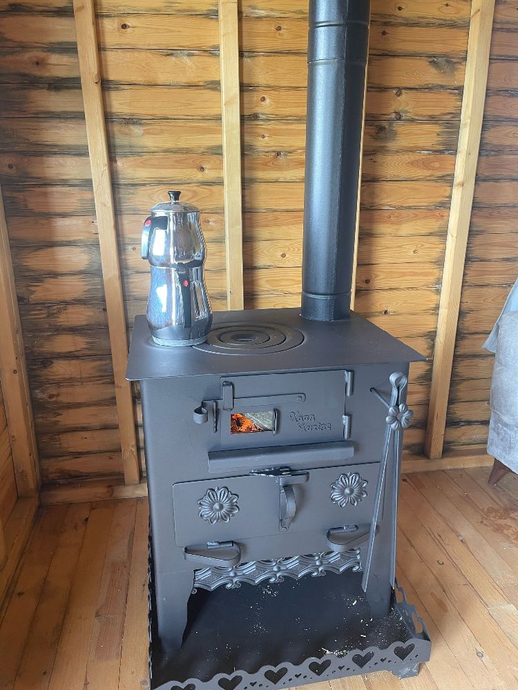 Wood-burning coal-fired stove with oven, ideal for heating and cooking rustic home and log house stove